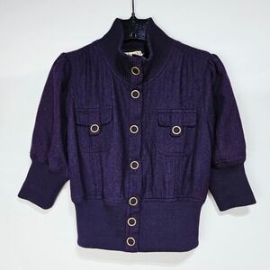 Blue-Purple Wool Blend Puff Sleeve Cropped Snap Jacket M Twee Dark Academia